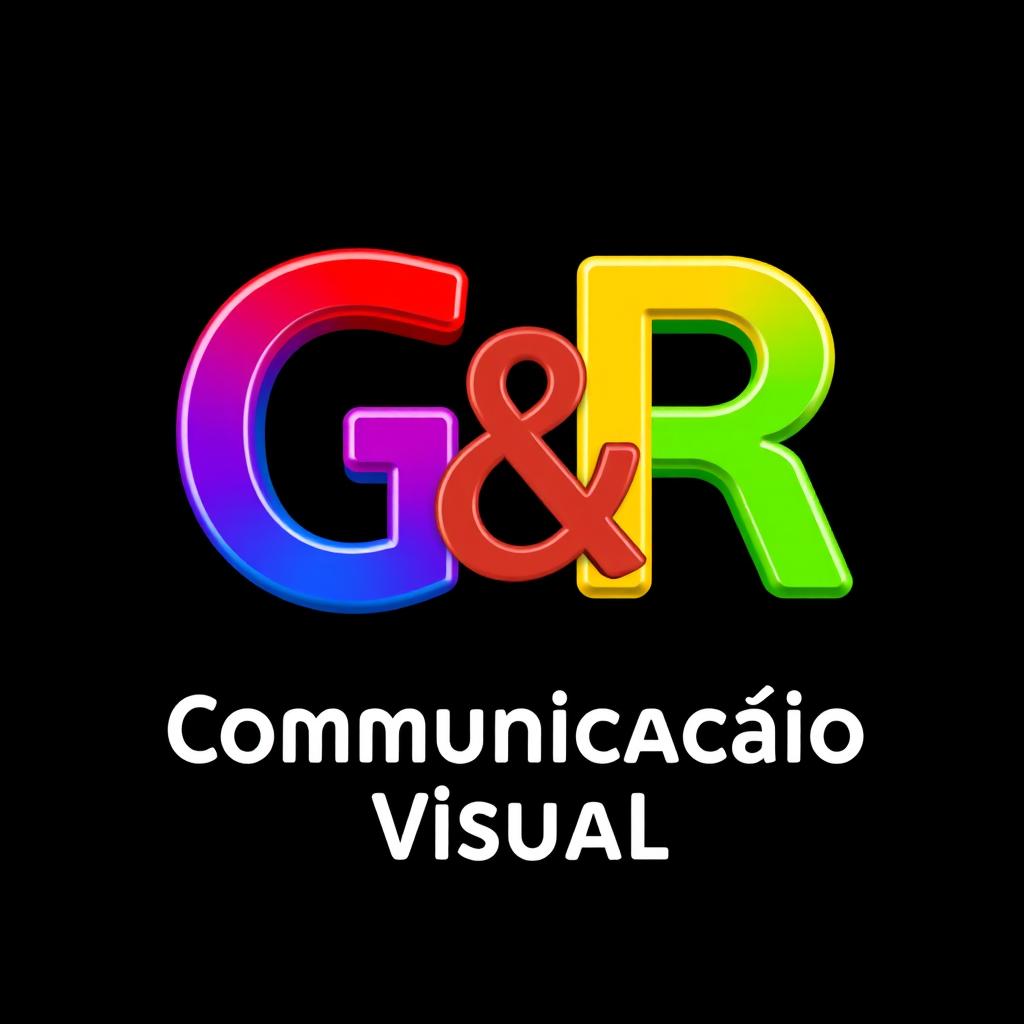A vibrant logo design for "G & R Comunicação Visual" featuring a solid black background that highlights the bright, colorful typography