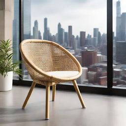 A modern industrial-style bamboo chair, positioned elegantly on a rooftop terrace overlooking a bustling cityscape.