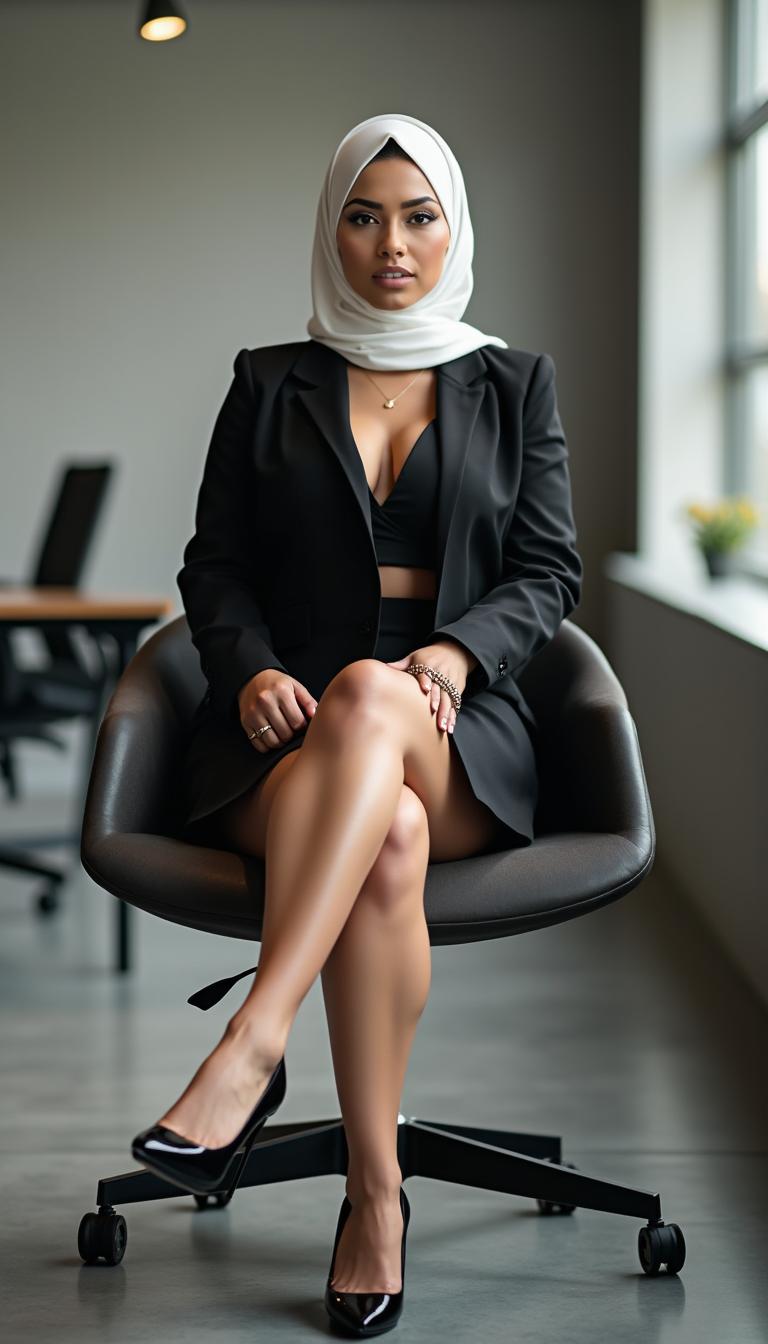 A full photo view of a 45-year-old businesswoman sitting in a modern office setting