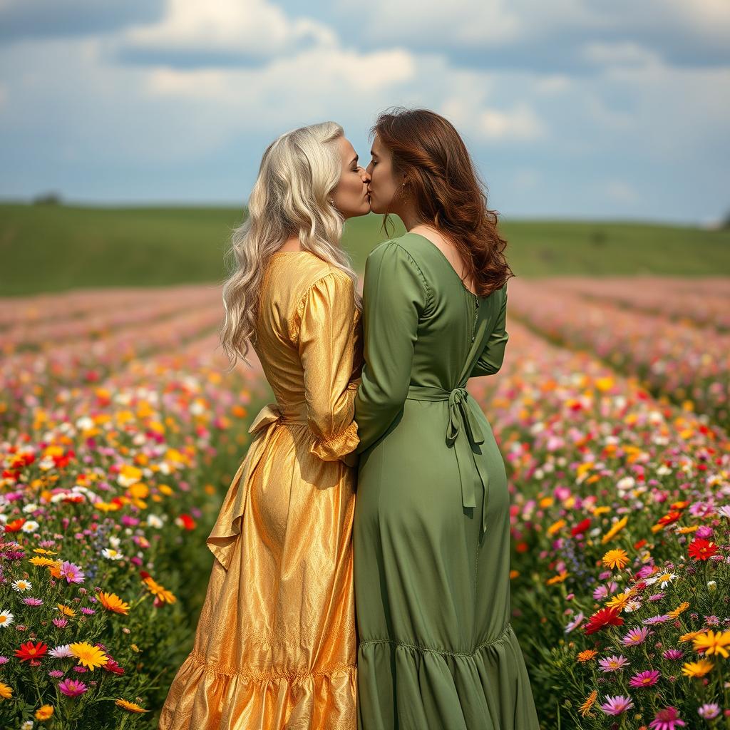 A distant view of a lesbian couple sharing a kiss in a blooming field filled with colorful flowers