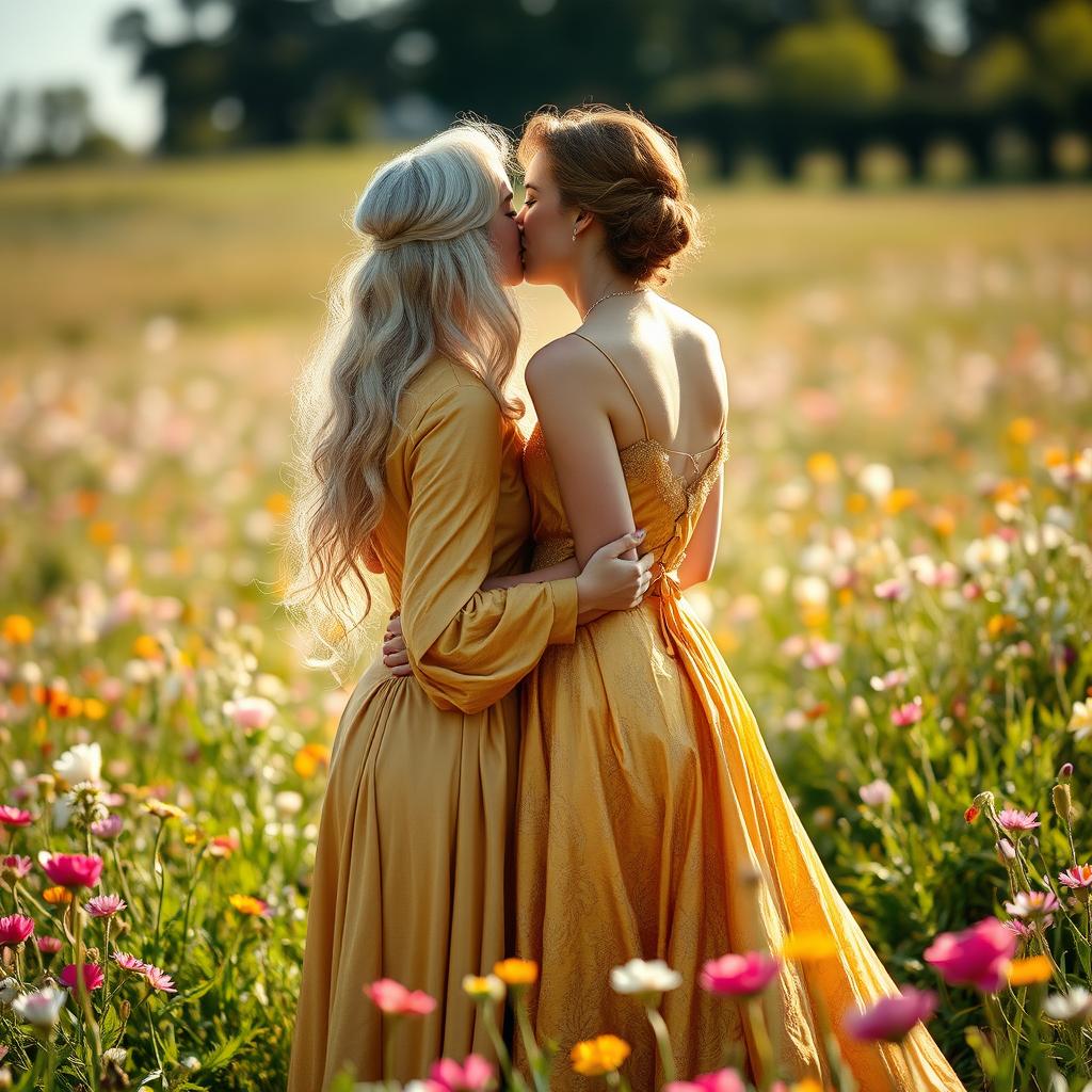 A distant view of a lesbian couple kissing in a blooming meadow, capturing a romantic and serene atmosphere