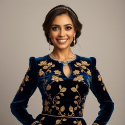 A woman with a radiant smile, dressed in a luxurious deep navy blue velvet outfit adorned with intricate gold embroidery