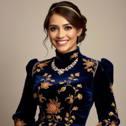 A woman with a radiant smile, dressed in a luxurious deep navy blue velvet outfit adorned with intricate gold embroidery