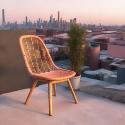 An industrial-style bamboo chair on a terrace, basking in the soft orange and pink hues of dawn breaking over a cityscape shadow.