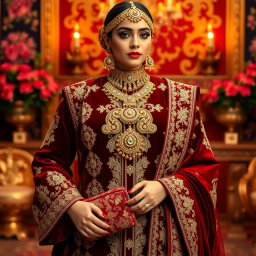 A stunning traditional outfit in deep red velvet, adorned with intricate gold embroidery and embellishments