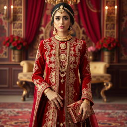 A stunning traditional outfit in deep red velvet, adorned with intricate gold embroidery and embellishments