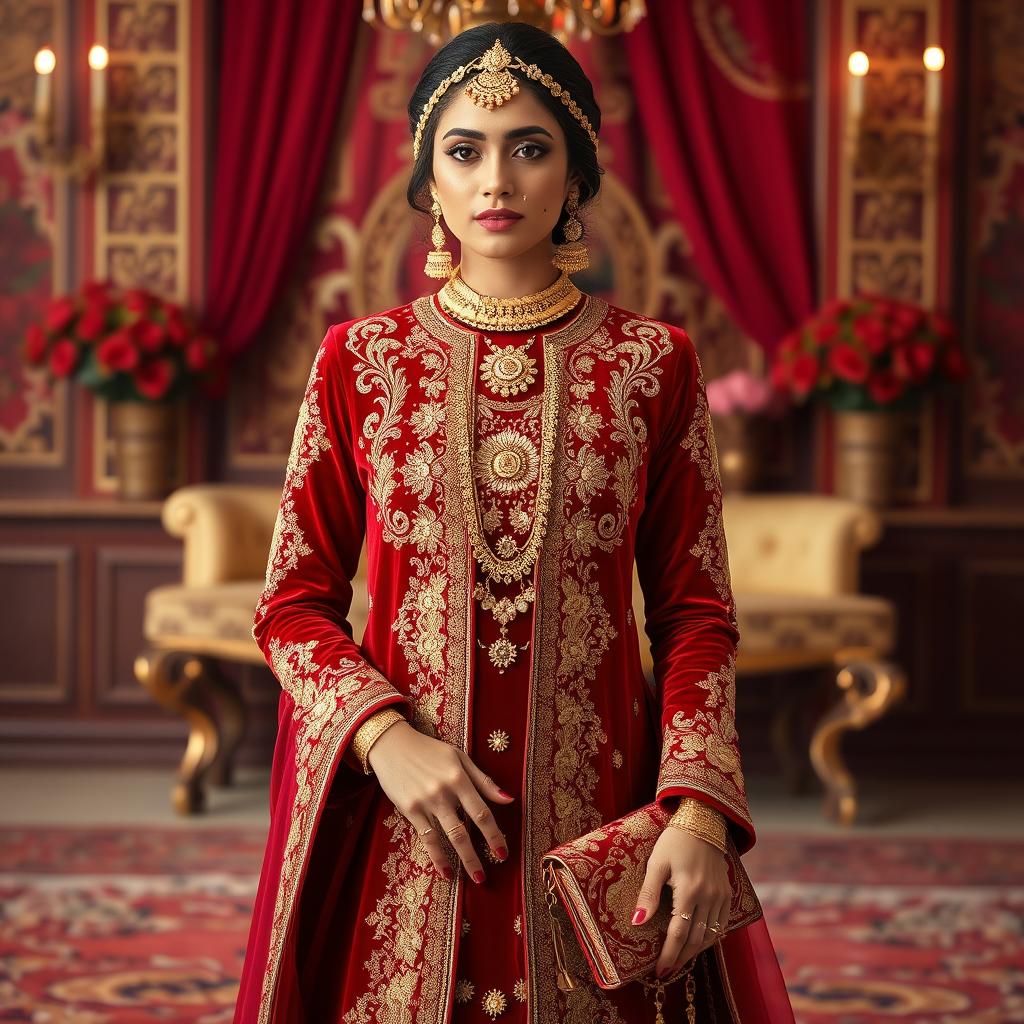 A stunning traditional outfit in deep red velvet, adorned with intricate gold embroidery and embellishments