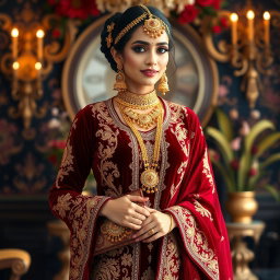 A stunning traditional outfit in deep red velvet, adorned with intricate gold embroidery and embellishments