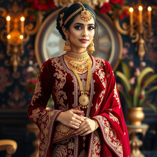 A stunning traditional outfit in deep red velvet, adorned with intricate gold embroidery and embellishments