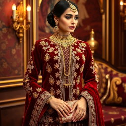 A stunning traditional outfit in deep red velvet, adorned with intricate gold embroidery and embellishments