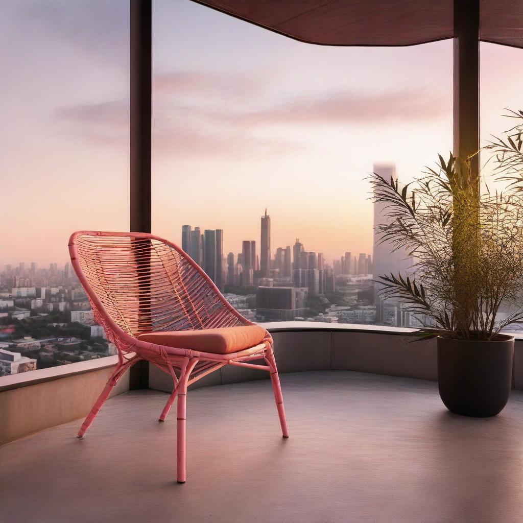 An industrial-style bamboo chair on a terrace, basking in the soft orange and pink hues of dawn breaking over a cityscape shadow.