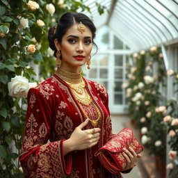 A stunning woman in a traditional outfit made of deep red velvet, embellished with intricate gold embroidery and designs