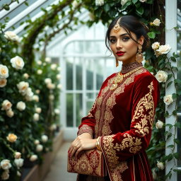 A stunning woman in a traditional outfit made of deep red velvet, embellished with intricate gold embroidery and designs