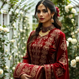 A stunning woman in a traditional outfit made of deep red velvet, embellished with intricate gold embroidery and designs