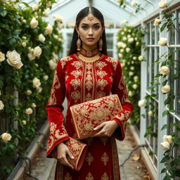A stunning woman in a traditional outfit made of deep red velvet, embellished with intricate gold embroidery and designs