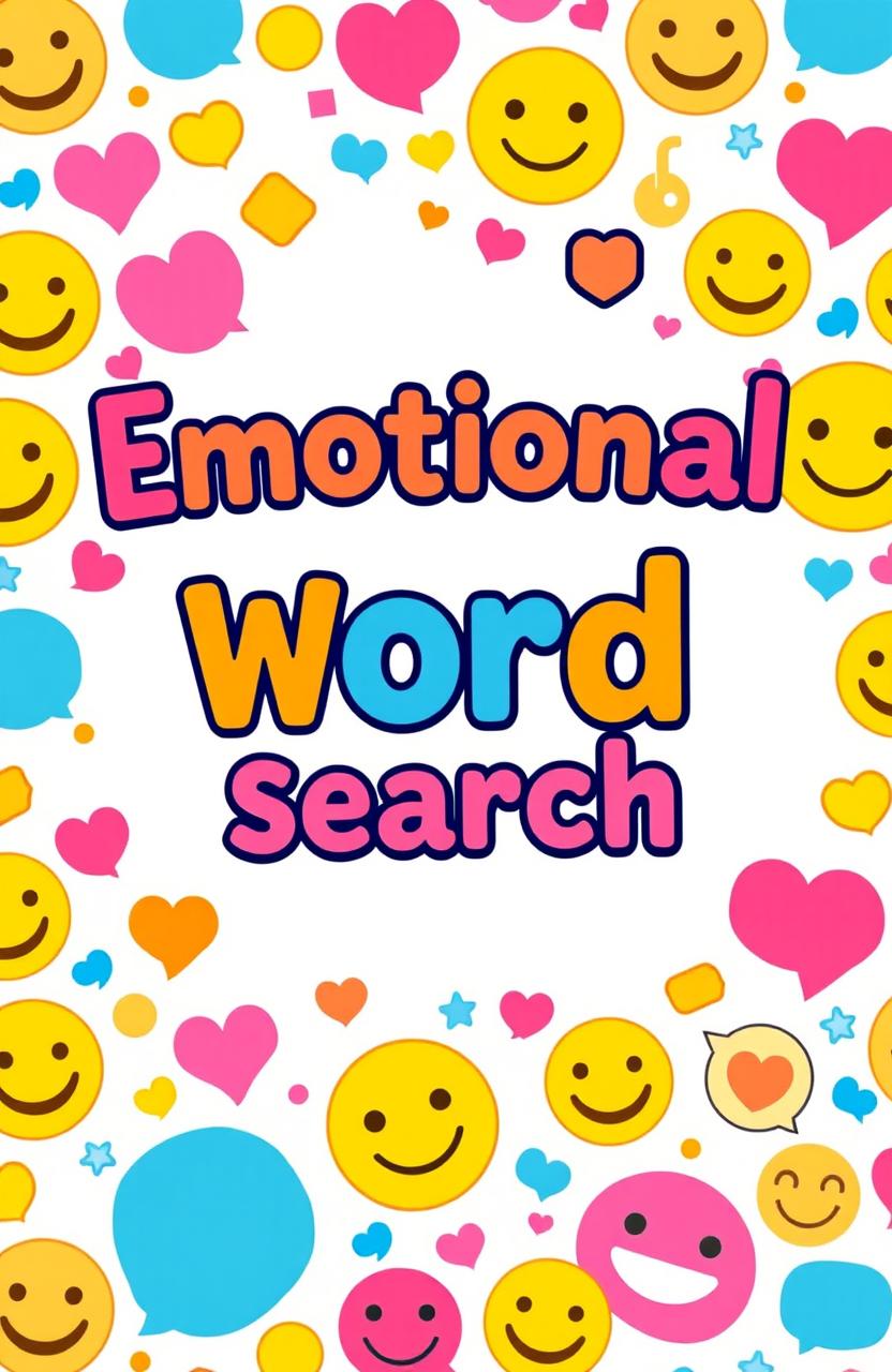 A vibrant and engaging book cover design featuring the title "Emotional Word Search" prominently displayed in bold, colorful typography