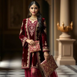 A stunning woman wearing a traditional outfit in deep red velvet, featuring intricate gold embroidery and embellishments