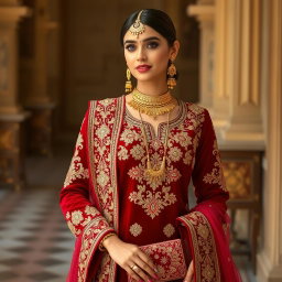 A stunning woman wearing a traditional outfit in deep red velvet, featuring intricate gold embroidery and embellishments