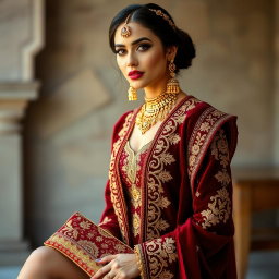 A stunning woman wearing a traditional outfit in deep red velvet, featuring intricate gold embroidery and embellishments