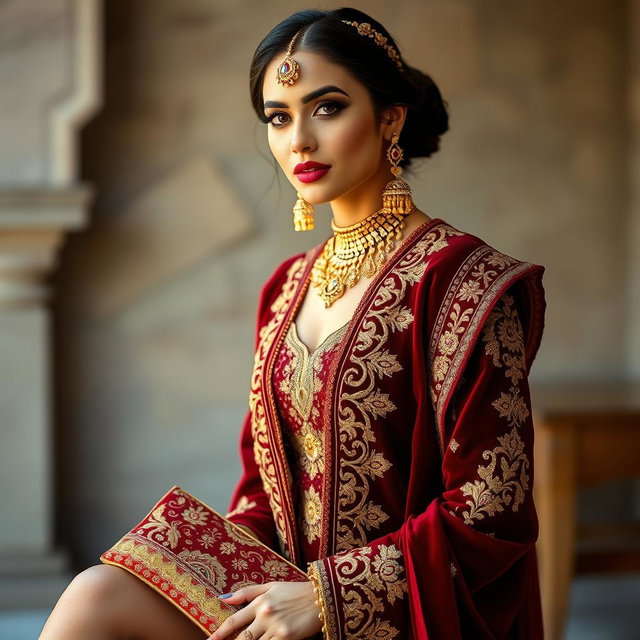 A stunning woman wearing a traditional outfit in deep red velvet, featuring intricate gold embroidery and embellishments