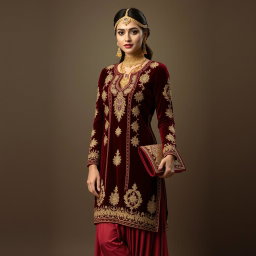 A stunning woman wearing a traditional outfit in deep red velvet, featuring intricate gold embroidery and embellishments