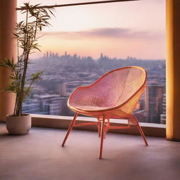 An industrial-style bamboo chair on a terrace, basking in the soft orange and pink hues of dawn breaking over a cityscape shadow.