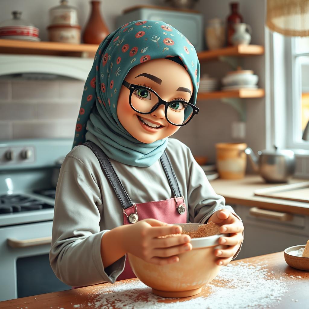 A charming retro character of a hijabi girl joyfully baking in a cozy kitchen