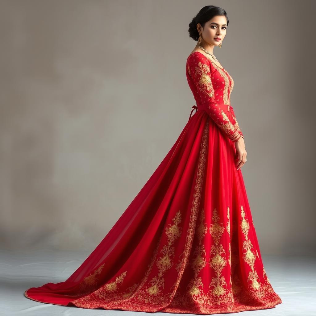 A breathtaking traditional red gown with intricate gold embroidery, exuding elegance and cultural richness