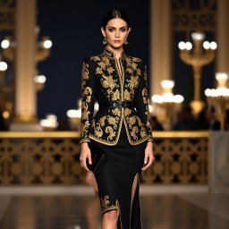 A stunning black ensemble with intricate gold embroidery, radiating elegance and sophistication