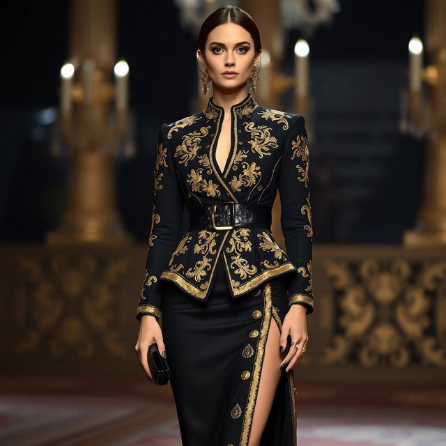 A stunning black ensemble with intricate gold embroidery, radiating elegance and sophistication