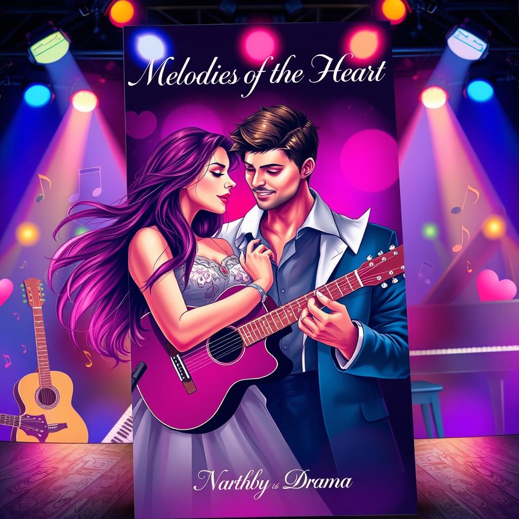 A captivating book cover for a romantic drama about a love triangle, set against a backdrop of vibrant music elements