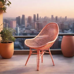 An industrial-style bamboo chair on a terrace, basking in the soft orange and pink hues of dawn breaking over a cityscape shadow.