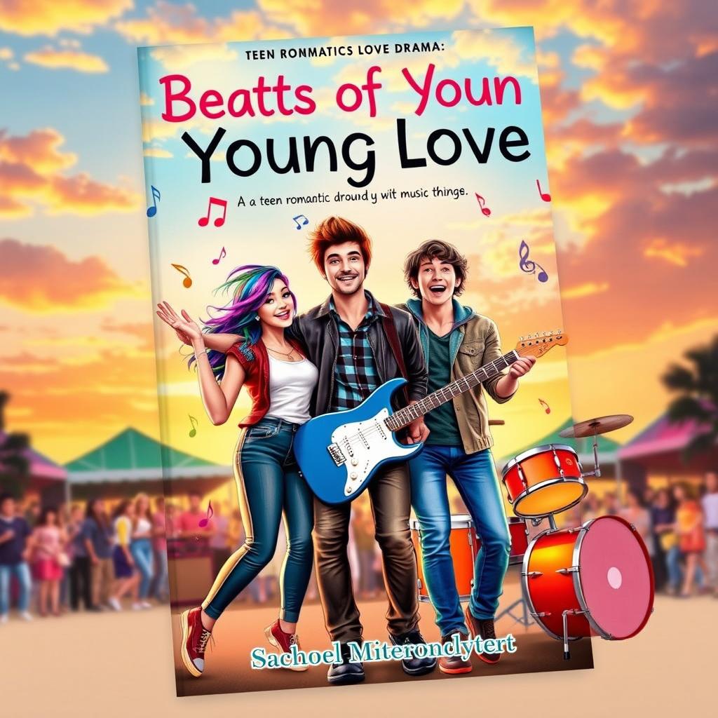 A vibrant and youthful book cover for a teen romantic drama centered around a love triangle, infused with music themes