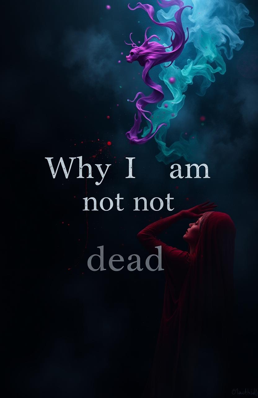 A surreal and abstract representation of the phrase "Why I am not dead" featuring dark colors like deep blacks and midnight blues, interspersed with dark rainbow colors such as dark reds, purples, and greens swirling together