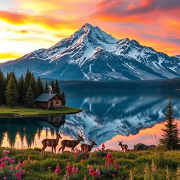 A majestic snow-capped mountain range reflecting in a crystal-clear lake at sunset, the sky filled with warm hues of orange, pink, and purple