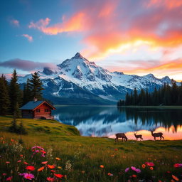 A majestic snow-capped mountain range reflecting in a crystal-clear lake at sunset, the sky filled with warm hues of orange, pink, and purple