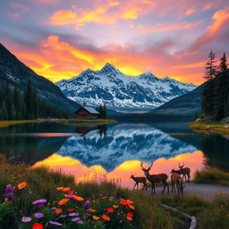 A majestic snow-capped mountain range reflecting in a crystal-clear lake at sunset, the sky filled with warm hues of orange, pink, and purple