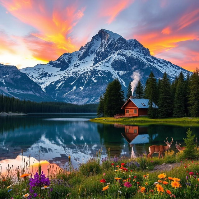 A majestic snow-capped mountain range reflecting in a crystal-clear lake at sunset, the sky filled with warm hues of orange, pink, and purple