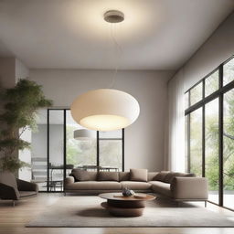 An elegant, glowing elipse-shaped pendant light suspended from a high ceiling, casting a warm, diffused illumination throughout the room.