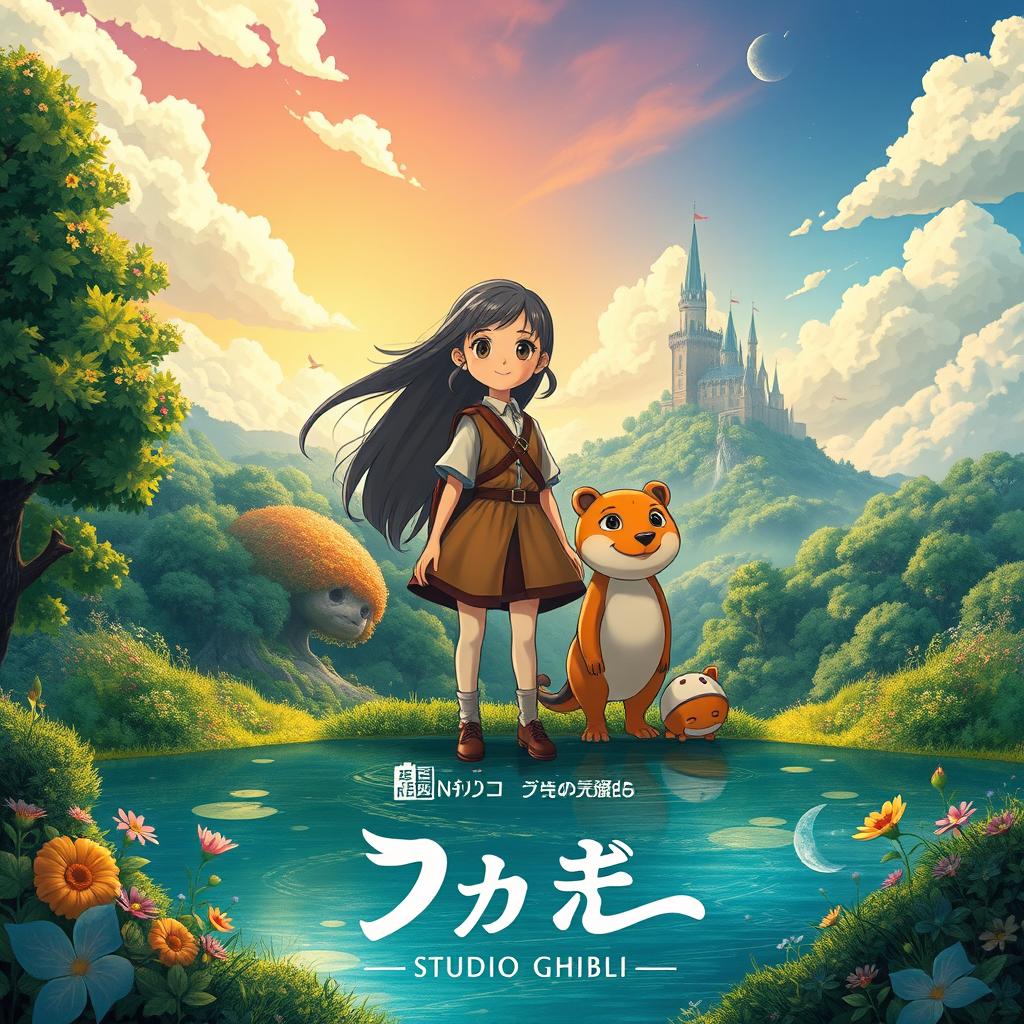 A captivating movie poster design inspired by Studio Ghibli films, featuring a magical landscape with lush green forests, whimsical creatures, and a shimmering lake under a vibrant sky