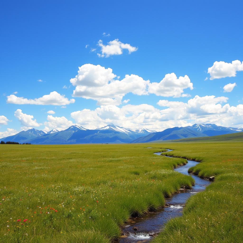 A serene landscape featuring a vast meadow under a bright blue sky filled with fluffy white clouds