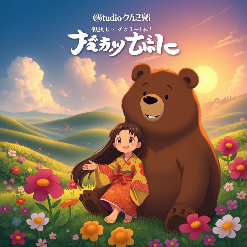A whimsical and enchanting movie poster inspired by Studio Ghibli, featuring a young girl with long flowing hair in a colorful kimono, joyfully interacting with a large, friendly bear