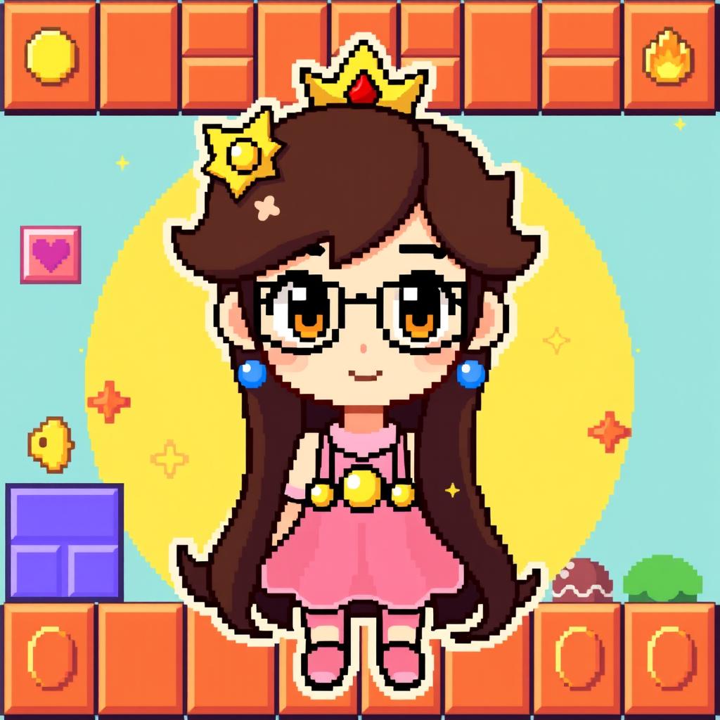 A pixel art character inspired by the Mario Bros theme, featuring a cute girl with dark brown, long hair and brown eyes wearing glasses