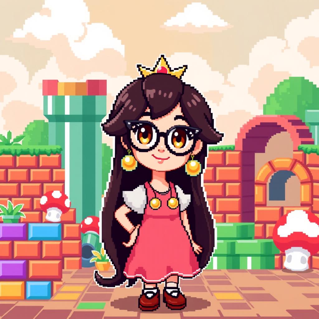 A pixel art scene inspired by Mario Bros, featuring a charming girl with long dark brown hair, warm brown eyes, and stylish glasses