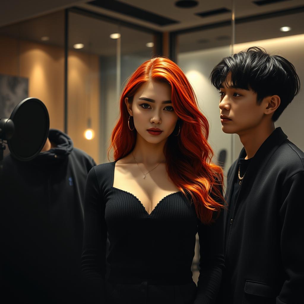 A 23-year-old woman with vibrant red hair stands confidently in the center of the image, showcasing a determined and mysterious look on her face, her expression soft yet intense