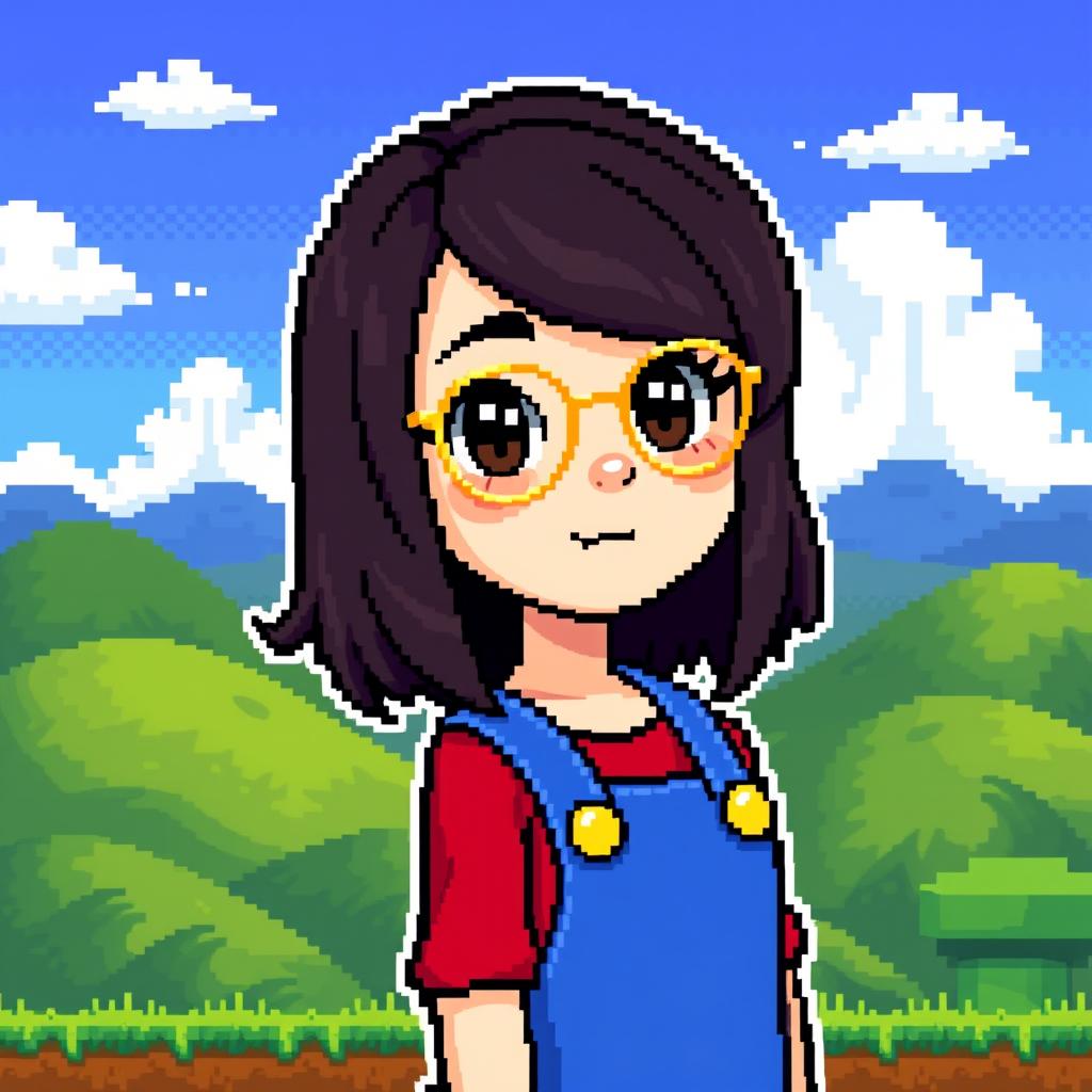 A pixel art style image featuring a cute girl inspired by Mario Bros, with medium-length dark brown hair and dark brown eyes