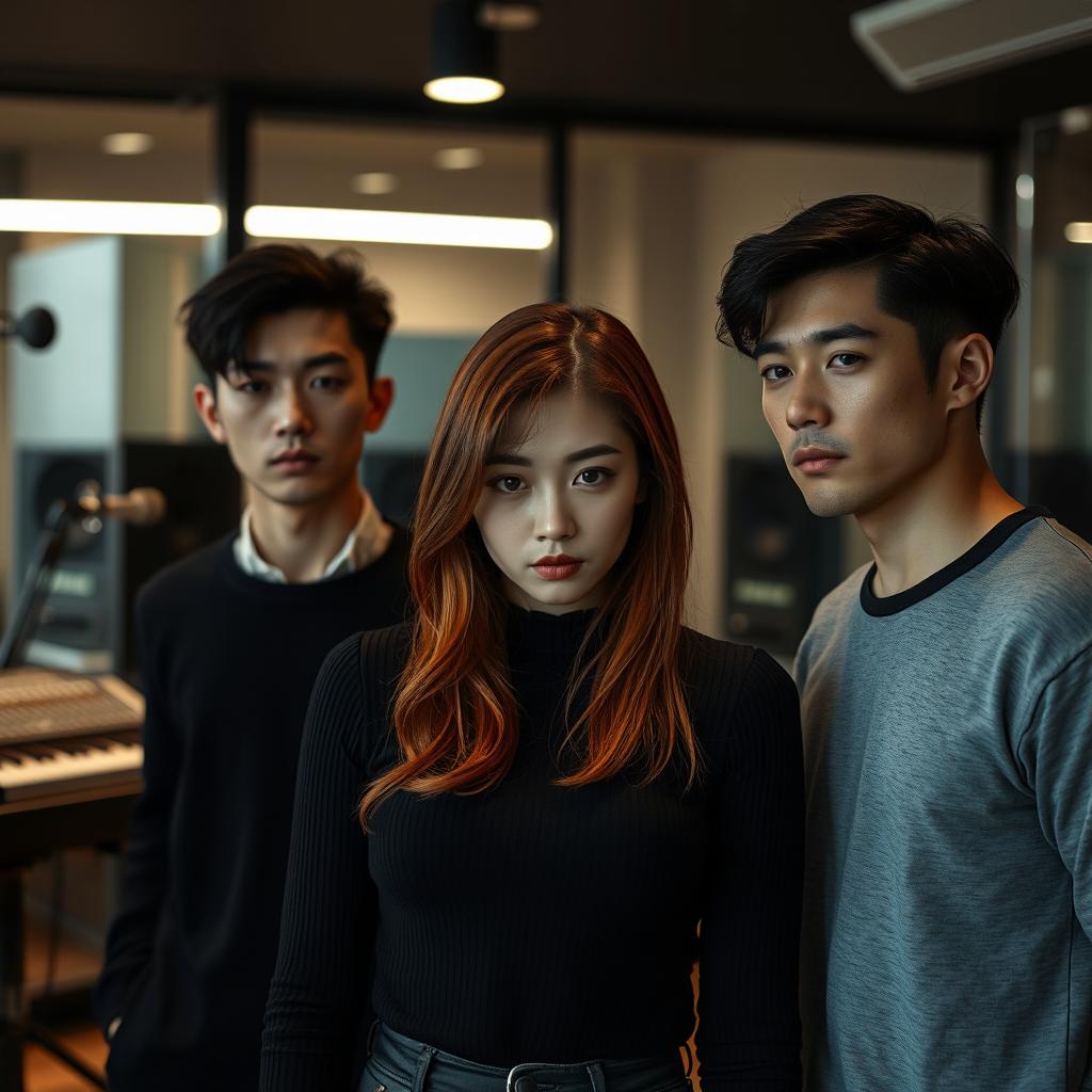 A 23-year-old woman with vibrant red hair stands in the center of the image, featuring a determined and mysterious look with a soft yet intense expression