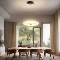 An elegant, glowing elipse-shaped pendant light suspended from a high ceiling, casting a warm, diffused illumination throughout the room.