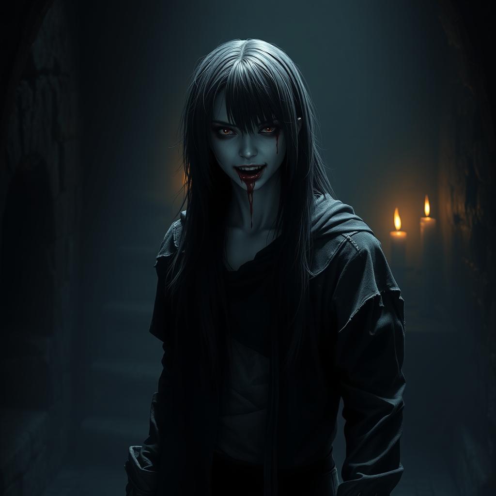 A dramatic and intense scene featuring a character resembling a horror-themed figure, with long dark hair and a sinister expression, standing in a dimly lit, gothic environment