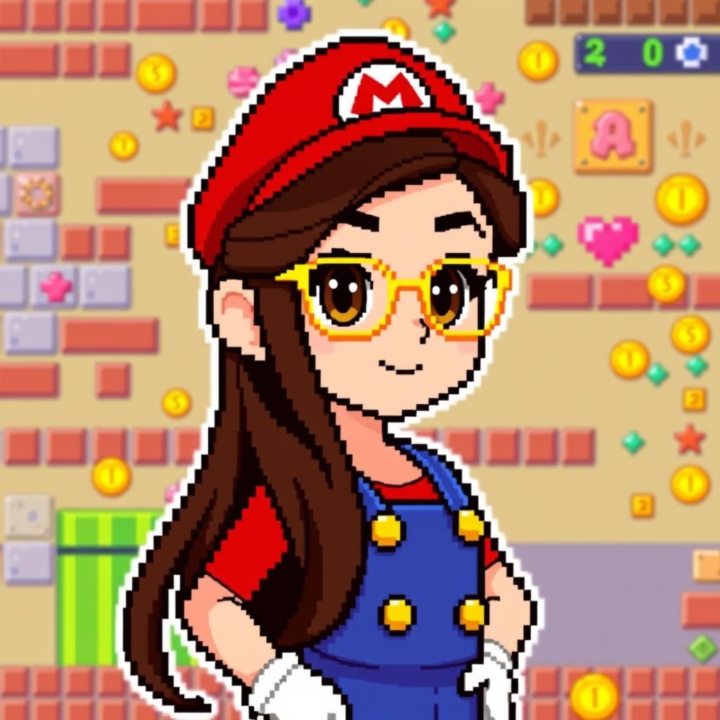 A pixel art character inspired by Mario Bros featuring a girl with long, dark brown hair and brown eyes